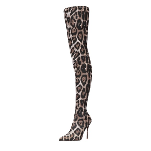 Newbella Shoes - NEWBELLA Stretch Leopard Print Over-the-Knee Pointed Toe Stiletto Boots Size 6
